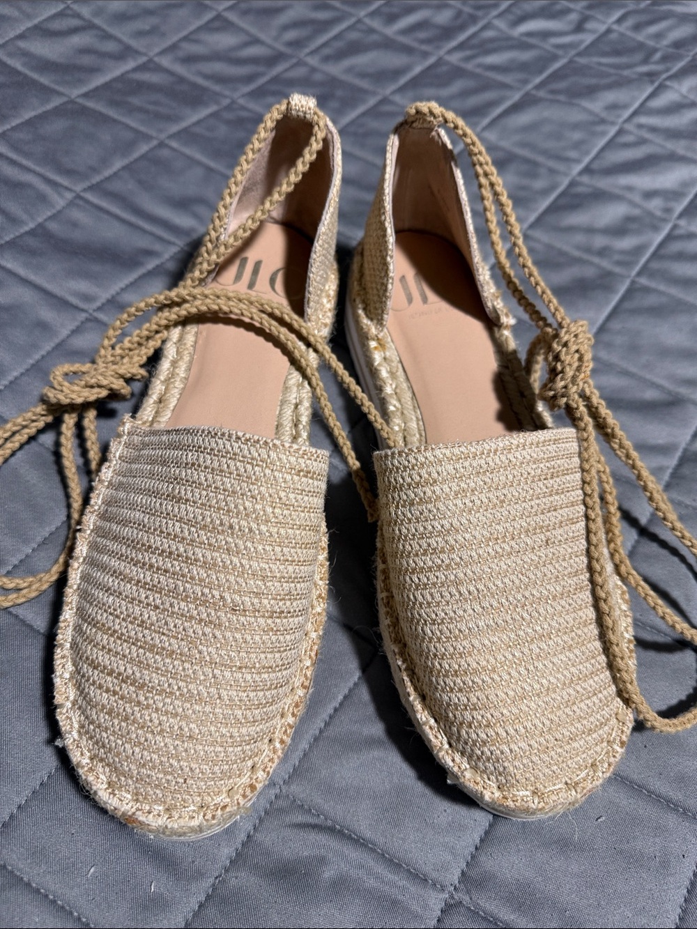 Jennifer Lopez “JLO” Woven Lace-Up Espadrille Flats in Natural